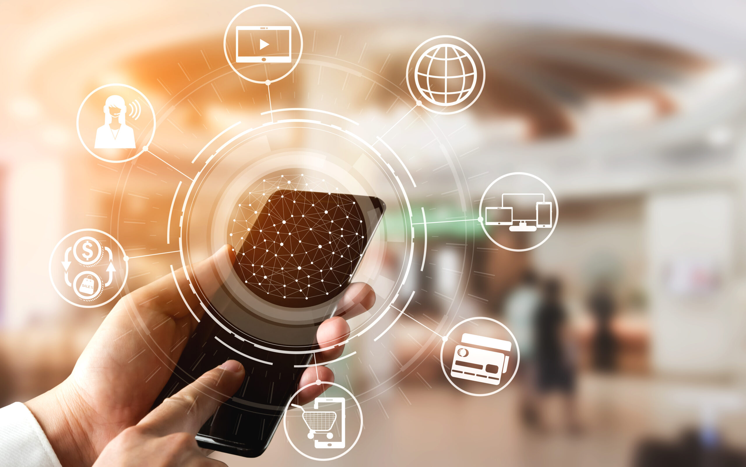 Omni channel technology of online retail business. Multichannel marketing on social media network platform offer service of internet payment channel, online retail shopping and omni digital app.